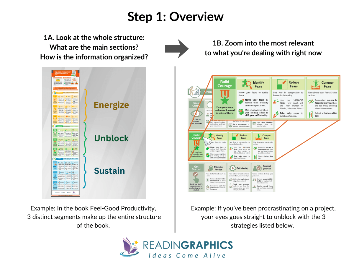 Step 1 of the OAR method - Highlights full infographic to demonstrate how to scan the whole piece and identify the most relevant part.