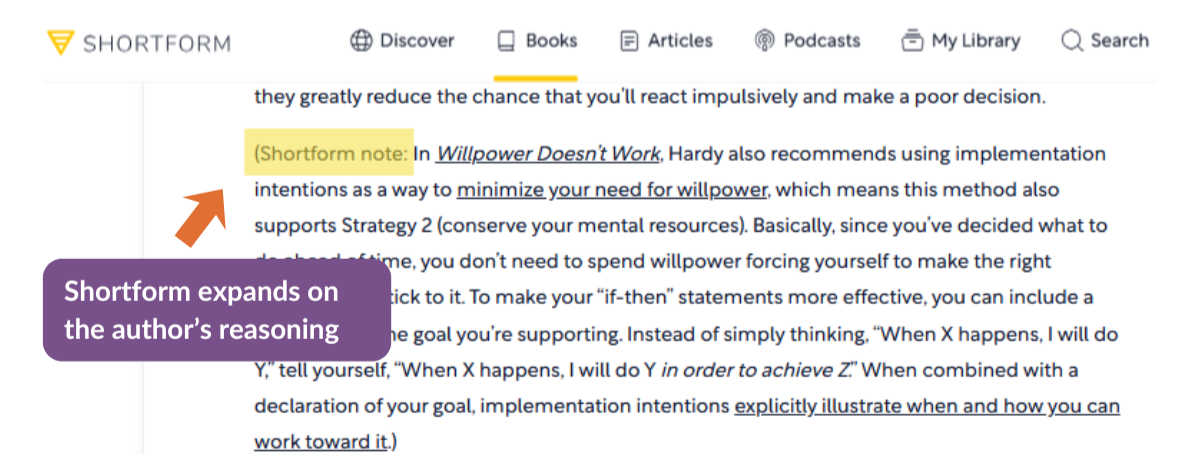 Screenshot of Shortform book summary, illustrating Shortform’s additional notes that add context and expand on the author’s reasoning.