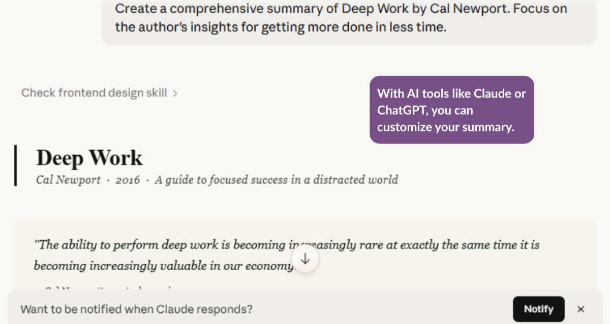 Screenshot of a Claude’s prompt window with a prompt to create a comprehensive summary, plus a preview of the tool's answer, demonstrating how quickly AI tools generate summaries
