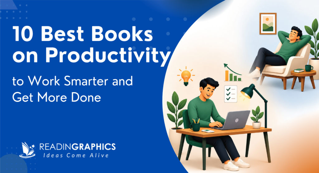 Blog Cover for the 10 best books on productivity featuring an employee in front of a laptop screen happily being productive.