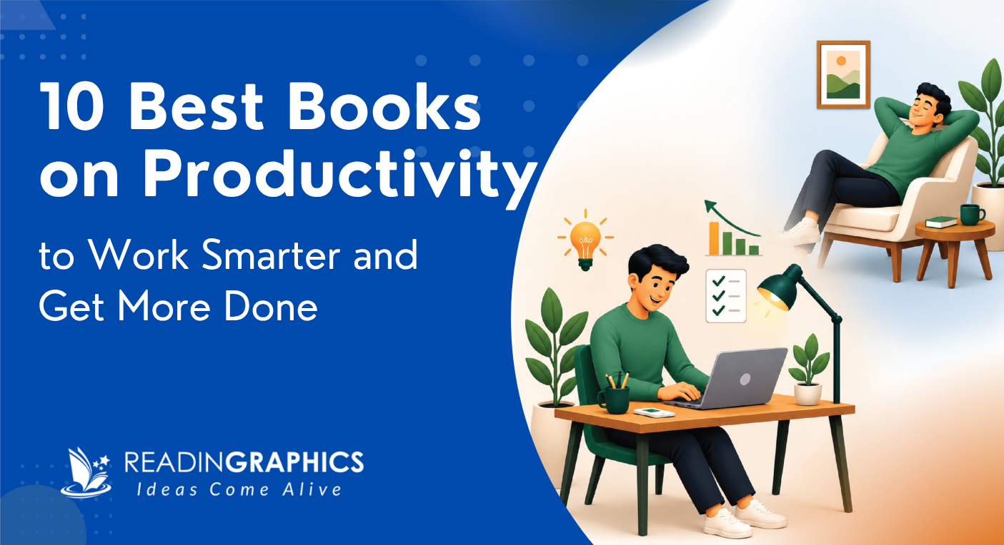 Blog Cover for the 10 best books on productivity featuring an employee in front of a laptop screen happily being productive.